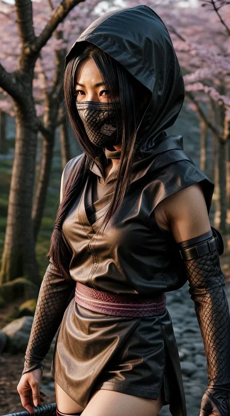 female shinobi with shoulder armor, asian, long black hair, brown eyes, hooded, fishnets, ninja garb, sakura background, japan