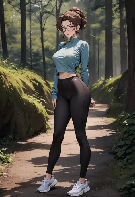 (Highest quality,High resolution,masterpiece:1.2),Outdoor,Hair tied up、Yoga pants,Beautiful woman,Modern,Natural scenery,Full Body Shot,Perfect figure,Forest Path,Brown Hair,Girl with glasses,A lustful look:1.1,nsfw:1.5、Long sleeve