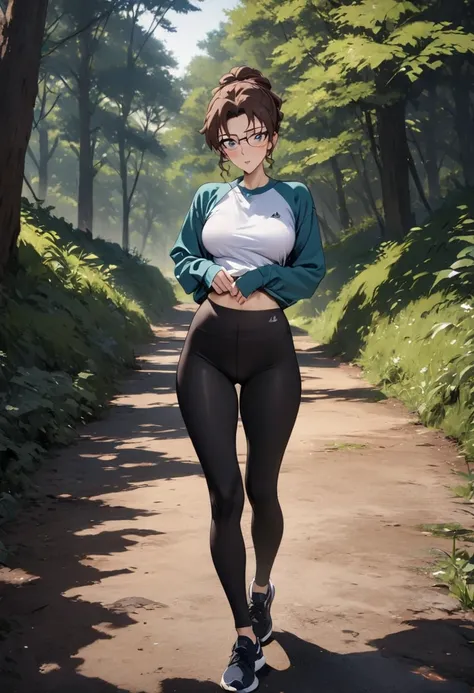 (Highest quality,High resolution,masterpiece:1.2),Outdoor,Hair tied up、Yoga pants,Beautiful woman,Modern,Natural scenery,Full Body Shot,Perfect figure,Forest Path,Brown Hair,Girl with glasses,A lustful look:1.1,nsfw:1.5、Long sleeve