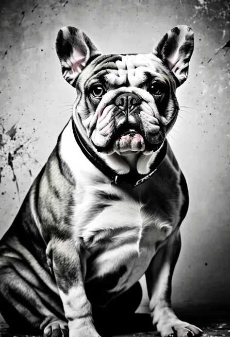 low quality, ((one bulldog)), upper body, center, front, arms crossed, smash through walls, background white, monotone,