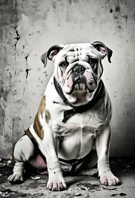 low quality, ((one bulldog)), upper body, center, front, arms crossed, smash through walls, background white, monotone,