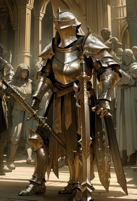 a knight standing among giant swords, highly detailed, photorealistic, 8k, cinematic lighting, dramatic atmosphere, epic fantasy, masterpiece, intricate details, realistic textures, sharp focus, vivid colors, unreal engine, volumetric lighting, studio ligh...