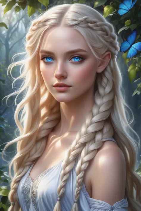 blonde woman with blue eyes and braided hair wearing a white dress., detailed matte fantasy portrait, beautiful fantasy portrait...