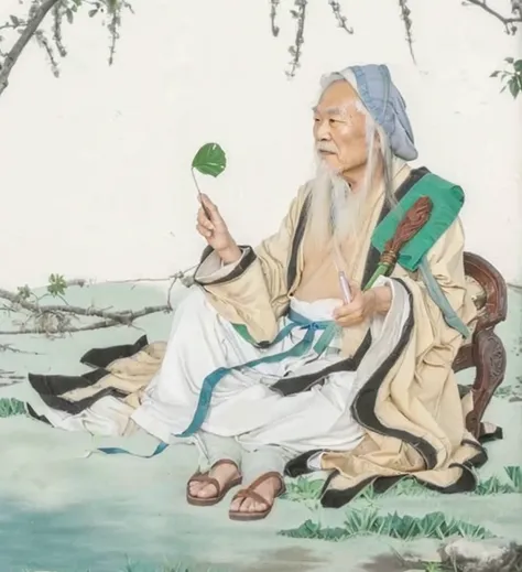 an old chinese man sitting on a grass field, daoist, taoist master,  wearing ancient chinese clothes, Lotus pen in hand, a fan made of green leaf, empty slipper on the floor, grey hat,  show tummy, 