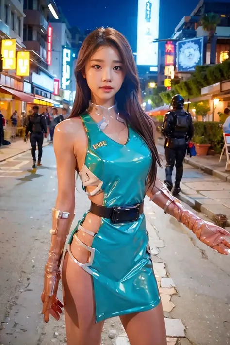 (best quality, 8k, masterpiece: 1.3), clear focus: 1.2, beauty: 1.4, abs: 1.1, brown hair, aqua dress: 1.4, night outdoors: 1.1,...