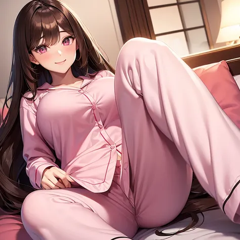 Beautiful woman, long hair, brown hair, pink eyes, smiling, blushing, large breasts, pyjamas, long sleeved shirt, pants