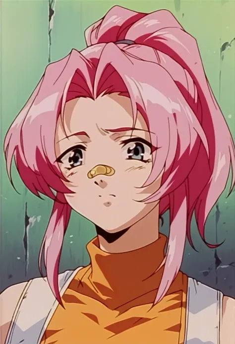 1990s \(style\), one girl, pink hair,   facing forward, ponytail, retro artstyle, orange eyeaid clothes，character portrait，