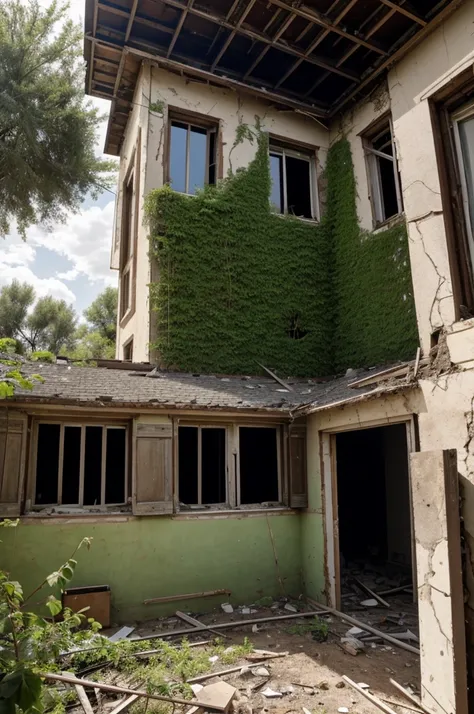 In an abandoned area is seen a large house that has not been inhabited for a long time. The roof of the house appears to have holes. There is also a small tree growing in the crack in the wall of the house.
