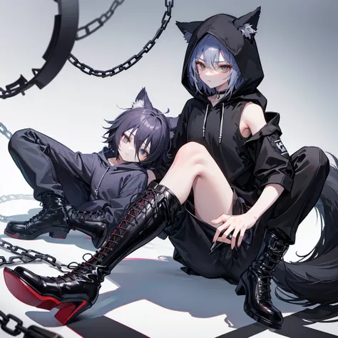 Shadow,alone,whole body,Shota,Beastman,Wolf,Short sleeve hoodie,pants,
Lace-up long boots,Stiletto heels