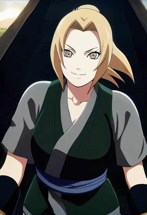 Tsunade senju smiling, Pov, Naruto Shippuden, detailed, anime style,