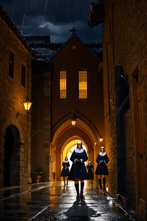 Several women in uniform in front of the convent courtyard at night and it was raining 