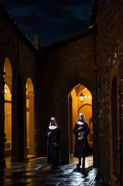 Several women in uniform in front of the convent courtyard at night and it was raining 