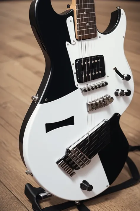 A white guitar with black details, fly v style