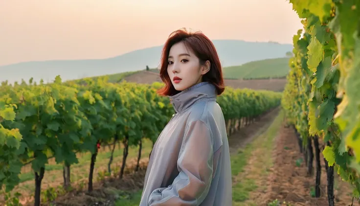 beautiful scenery, 8K Top Quality, Vivid picture quality, 1 woman, Beautiful 36-year-old Korean woman, Chest size 34 inches, Model-level beautiful woman, italian countryside dawn, vineyard, The cathedral can be seen in the distance in a thick fog.. Red sun...