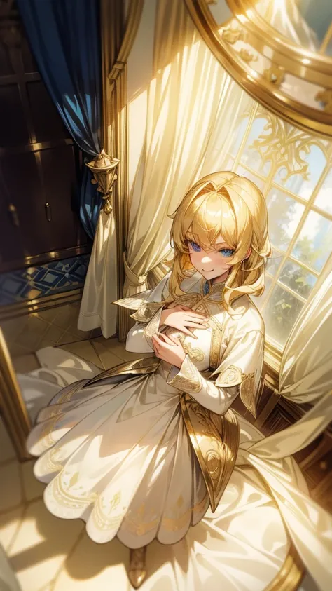 (masterpiece), (HD), pov, from above, blonde hair, (regal white and gold dress), intricately design, blue eyes, royal chamber, window, curtains, moonlight, night, smirk, hand on chest, 