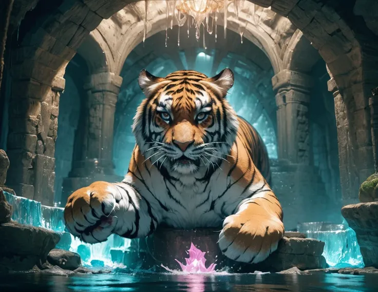 Grotto Room，（（（Full of crystals）））tiger，water flow，The light is very dark，magic（（（Horror atmosphere）））（（（masterpiece）））， （（best quality））， （（intricate details））， （（Surrealism））（8K）