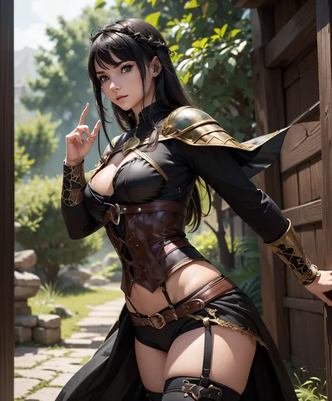 (((Single character image.))) (((1girl))) (((Dressed in medieval fantasy attire.))) (((Solo))) (((Generate a darkly sexy female character for a fantasy setting.))) (((Appears to be 20 years old with youthful looks.)))Generate a female character in a fantas...