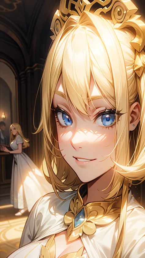 A regal blonde woman, clad in a white and yellow dress, stands in a royal chamber at night. Her blue eyes gleam mischievously as she smirks at her reflection in the ornate vanity, a play of light and shadow creating an air of mystery and intrigue.