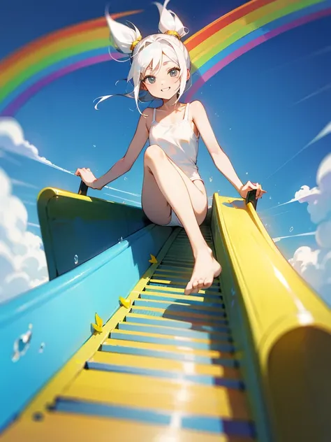 独奏,looking at viewer,white hair,topknot,White camisole swimsuit、smile、fun、rainbow, rainbow water slider, steep and long slope, sliding, sitting and sliding on the rainbow, floating hair, holding knee, playing slide,Sliding down the slide at tremendous spee...