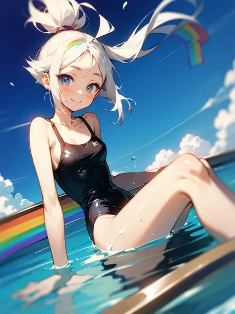 独奏,looking at viewer,white hair,topknot,White camisole swimsuit、smile、fun、rainbow, rainbow water slider, steep and long slope, sliding, sitting and sliding on the rainbow, floating hair, holding knee, playing slide,Sliding down the slide at tremendous spee...