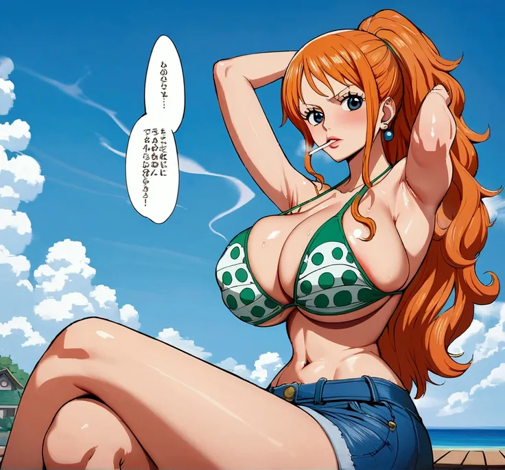 a cartoon picture of a woman in a bikini top and jeans, nami one piece, nami from one piece, nami, beautiful portrait of nami, from one piece, oppai, blue eyes, smoking, ponytail, nsfw