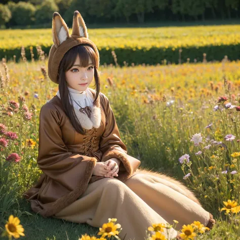 adult, Fox, (monster Girl), With long brown ears、The inside is dark brown。, Brown fur, Tan neck hair, Brown fluffy tail with tan tip, Big brown eyes, Wear modest clothing, Sitting in a flower field, masterpiece, Highest quality