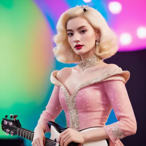 a candid photo portrait of an eccentric kawaii blonde barbie doll Korean queen, retro-futuristic, still from the film, ((solo)), (Anne Hathaway look alike face: 0.9), playing guitar on stage, looking at camera :: a pastel galaxy universum with stars and ne...