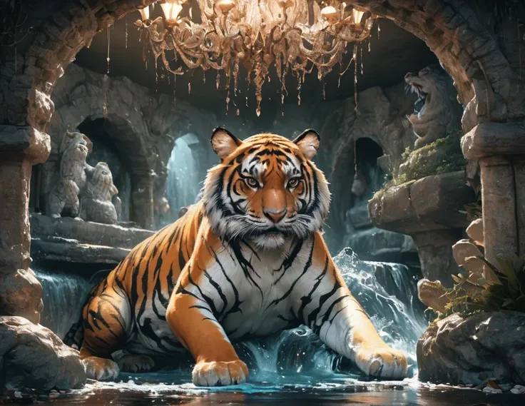 Grotto Room，（（（Full of crystals）））tiger，water flow，The light is very dark，magic（（（Horror atmosphere）））（（（masterpiece）））， （（best quality））， （（intricate details））， （（Surrealism））（8K）