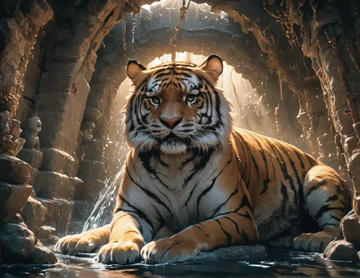 Grotto Room，（（（Full of crystals）））tiger，water flow，The light is very dark，magic（（（Horror atmosphere）））（（（masterpiece）））， （（best quality））， （（intricate details））， （（Surrealism））（8K）