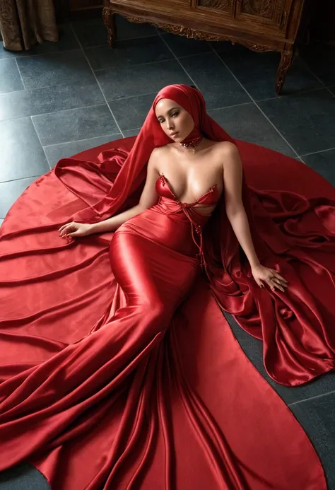 a woman in the translucent red gown, tight full body tied, satin sheet on flor, nipple on with nipple piercing, satin hijab, full body, long satin,mermaid tight long gown, flowy dramatic long gown, tall women, laying on flor, wear high heels, masterpice.