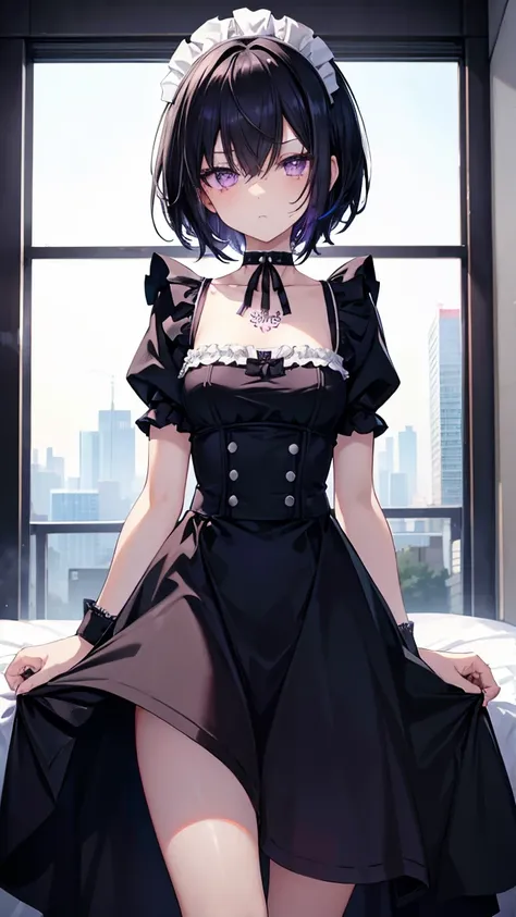 High resolution,high resolution,Girl,Black Hair,Short Hair,Purple Eyes,Slanted Eyes,Bad mood,boyish,slender,Toned body,Classic maid outfit,,Tattoo,Bedroom,low length,Starry Sky,choker,,