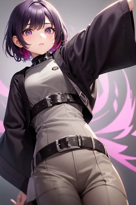 1GIRL, SOLO, KOCHOU SHINOBU, PURPLE EYES, MULTICOLORED HAIR, SHORT HAIR, PARTED BANGS, HAORI, WIDE SLEEVES, LONG SLEEVES, BLACK PANTS, BLACK JACKET, BELT