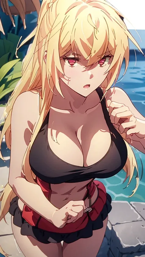 Masterpiece, best quality, highly detailed, highres, 8K, natural lighting, 1 girl, blonde hair, ruby eyes, large breast, black tank top, mini short pants, she wet, sexy pose, outdoor, (Full body shot:1.1) , detailed eyes, perfect eyes colors, detailed fing...