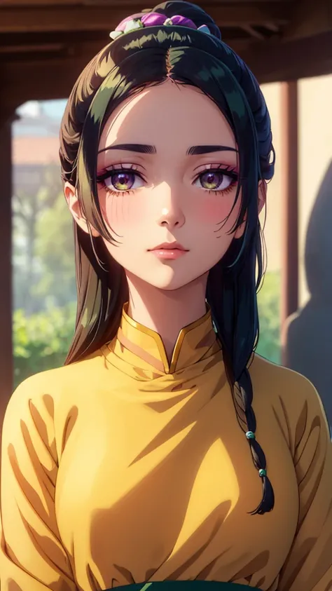 closeup face, Woman 1, Upper part of the body, Fashionable golden blouse with high neck.,((shadow, blush, green makeup on the eyelids, long eyelashes)), Background in a public place.,Very detailed CG, Unit, 8K Wallpapers, of the highest quality, high resol...