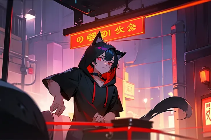 juvenile、boy、Black Hair、Cat ear、Short sleeve hoodie、Eyes purple、Red collar、night、Red Light District、Fluorescent lamp、signboard、Tavern、Restaurant、Flickering、dazzling、Alley