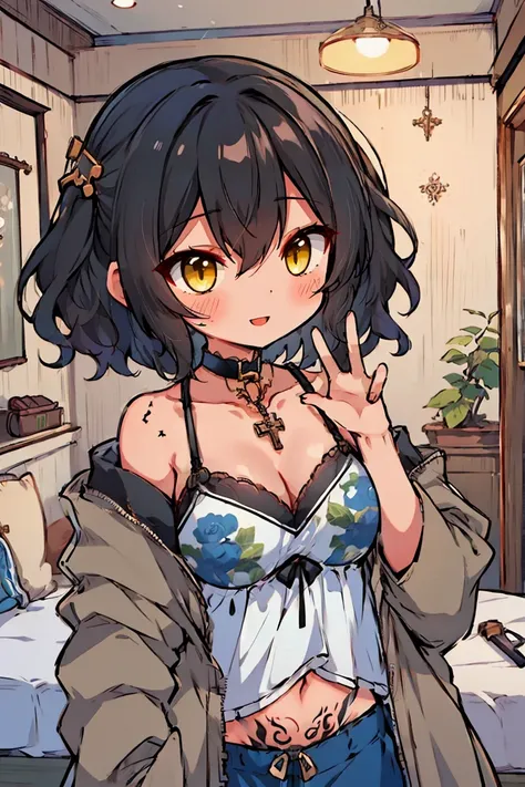 (masterpiece:1.2), (high quality:1.2), (hui xiyi:0.7), rekkyo sensen, rekkyou sensen, girls with((1girl, solo, black hair, yellow eyes, short eyebrow, (wavy medium hair, one side up:1.55), blush, breasts, choker, cleavage, coat, cowboy shot, blue rose dres...