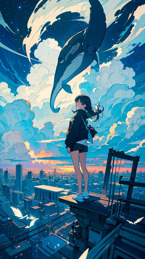 masterpiece, Exquisite detail,Highest quality, One girl, alone, handrail, cloud, Looking up at the buildings,Long Hair, NULL, Long sleeve, Power lines, White footwear, Black Hair, View your viewers, Electric pole, bangs, cloudy NULL, fish, bird, Green Eyes...