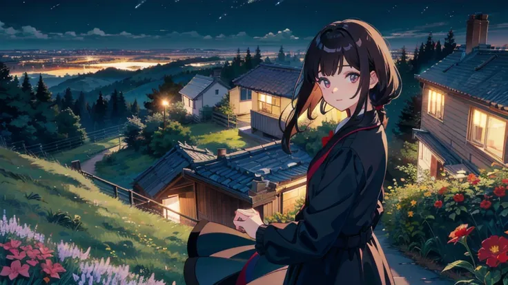 masterpiece,Highest quality,One Girl,The hair color is brown, Eye color: black, Kind eyes，Gradient Hair,countryside,Cityscape,night景,Flowers and plants,scenery,night,Light Perception,soft,