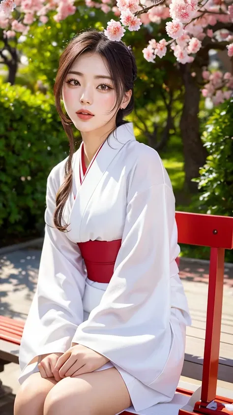 a 20-year-old woman wearing a light-colored kimono sitting elegantly on a bench in the city, classic japanese kimono style, insp...