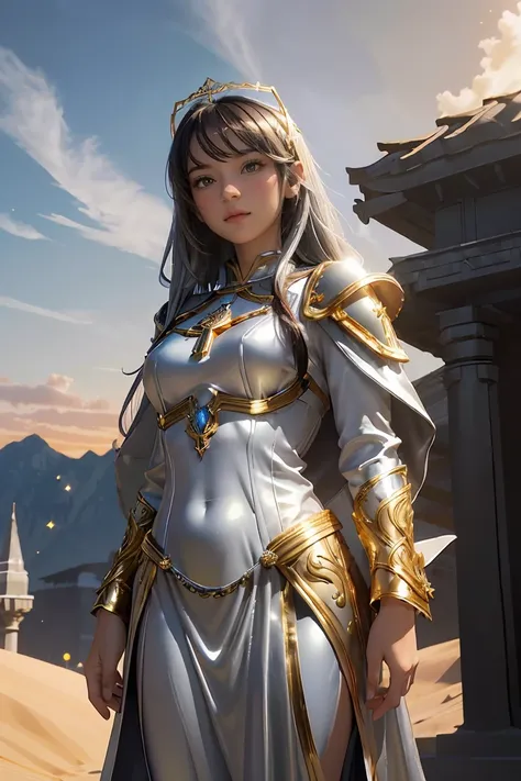 ((masterpiece, best quality, extremely detailed), volumetric lighting, ambient occlusion, colorful, glowing), 1girl, solo, young girl, (dark hair), long hair, halo, aura, sacred, goddess, cleric suit, (silver outfit with gold detailst:1.3), armor, outdoors...