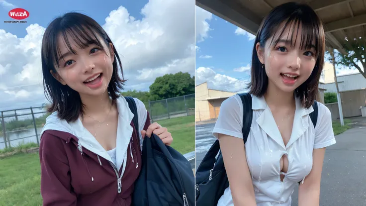 (２Split Photo:1.3)、Magazine Cover:1.3、Japanese,10 years old,Innocent face,Teenage Girl,cute,Primary school students,Private elementary school,uniform,Carrying a small red backpack,Summer clothes,Sitting、front、Cute smile、Laugh with your mouth wide open、((Se...