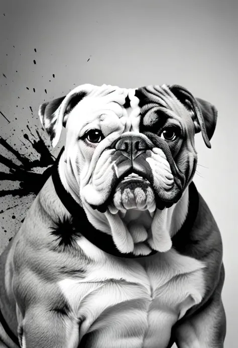 low quality, ((one bulldog)), upper body, center, front, arms crossed, smash through walls, background white, monotone,