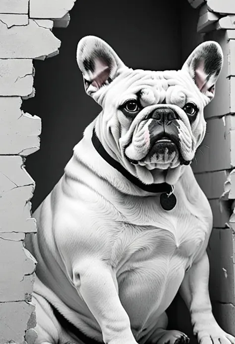 low quality, ((one bulldog)), upper body, center, front, arms crossed, smash through walls, background white, monotone,