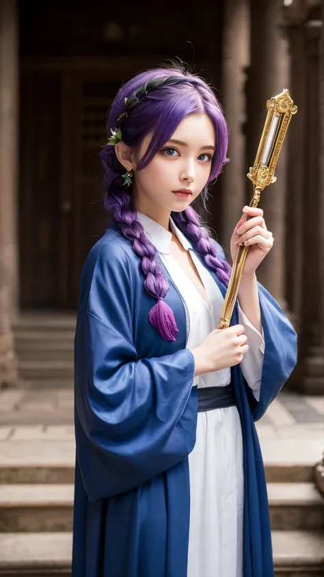 ((masterpiece)), ((Highest quality)), (Super detailed), ((cute)), cute, (Lovely), ((Very detailed)), 4K, (8K), Highest quality, (beautiful), figure, Noble, a cute girl, alone, magician, Majestic, Robe, Mysterious, aura, Magic wand, beautiful purple hair, b...