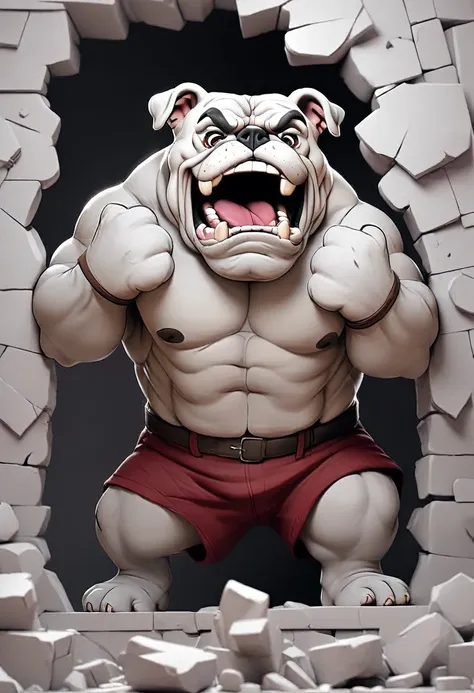 low quality, ((one bulldog)), upper body, center, front, arms crossed, smash through walls, background white, monotone,