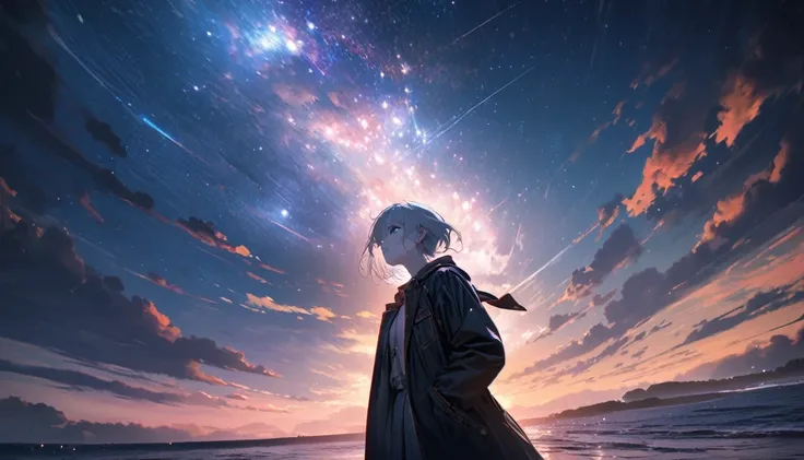 Starry Sky, After the Rain, horizon , In the sky,Lens flare, colorful,coat,Put your hands in your pockets,(student, 18-year-old, ＪＫ, Her short silver hair sways, Pale skin, Lack of eye sparkle) Looking up at the sky, Beautiful sky, There is an ocean,White ...