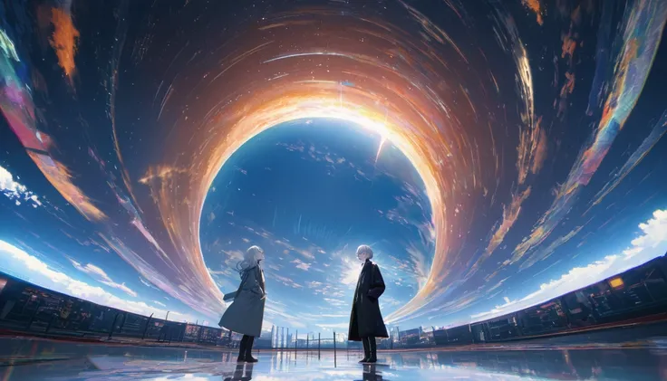 Starry Sky, After the Rain, horizon , In the sky,Lens flare, colorful,coat,Put your hands in your pockets,(student, 18-year-old, ＪＫ, Her short silver hair sways, Pale skin, Lack of eye sparkle) Looking up at the sky, Beautiful sky, There is an ocean,White ...