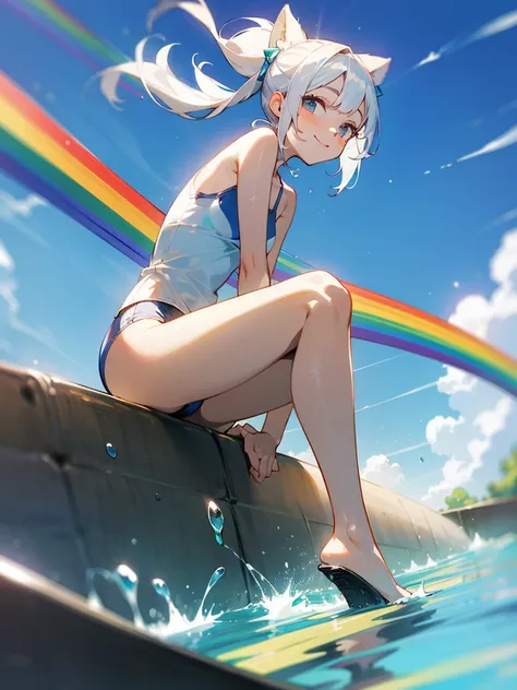 front view,独奏,looking at viewer,white hair,topknot,White camisole swimsuit、smile、fun、rainbow, rainbow water slider, steep and long slope, sliding, sitting and sliding on the rainbow, floating hair, holding knee, playing slide,Sliding down the slide at trem...