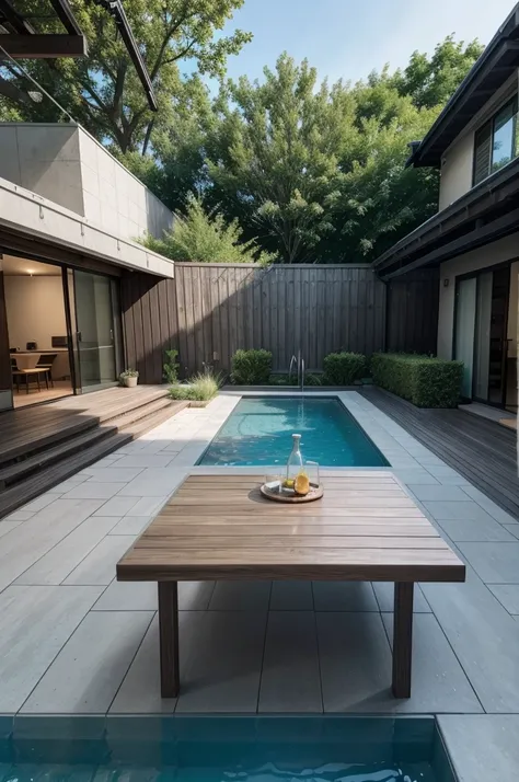 an image with a front surface, a kind of table, and in the background a backyard with a modern pool party space with pool 