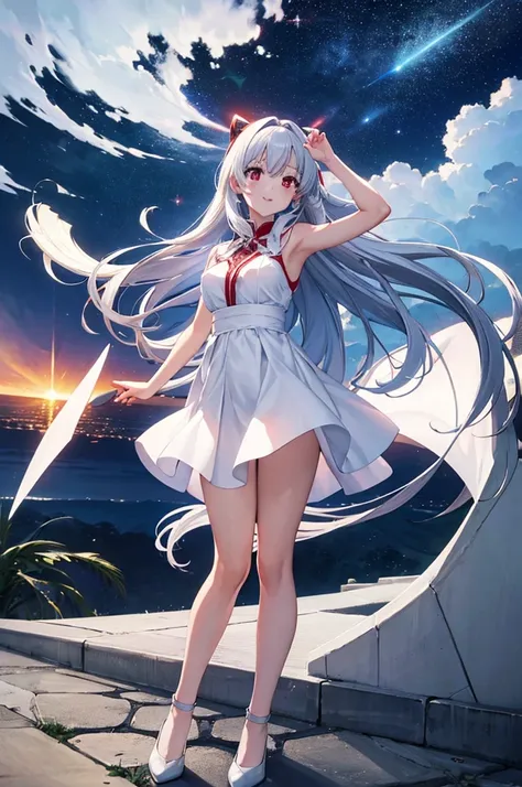 (masterpiece:1.3), (best quality:1.1), (8k, ultra detailed, ultra high res:1.2), ((anime style)), perfect 5 fingers, perfect anatomy, 
1girl,
BREAK long hair, whiet hair, 
red eyes, 
medium breasts, white dress, Opalescent dress, 
smile, 
looking up, 
full...